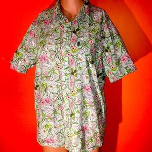 RipnDip Floral & Cats Green Button Up Short Sleeve Shirt Size Small 4/6 Woman’s